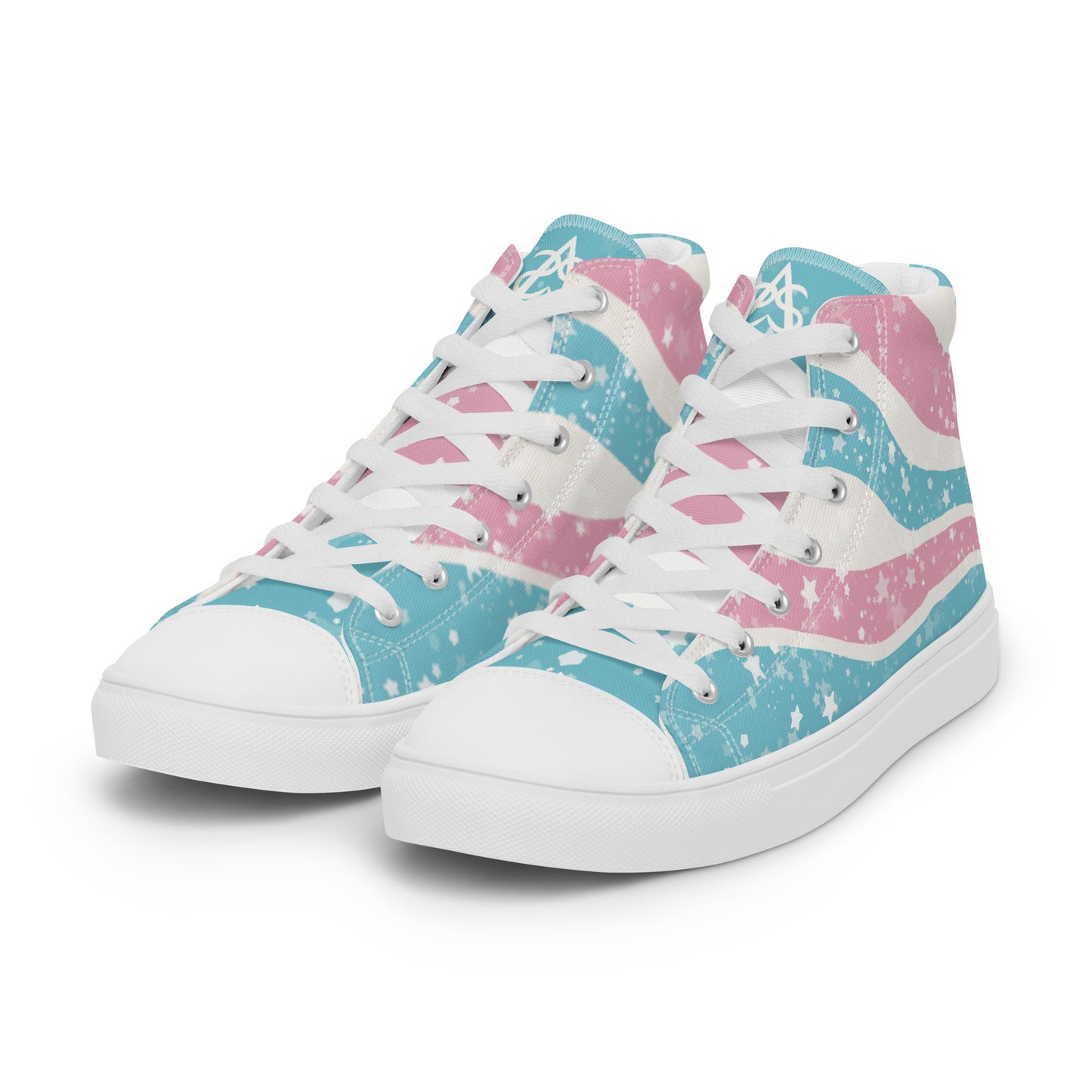 A pair of high top shoes have way lines starting from the heel and getting larger towards the laces in pink, white, and blue with white stars all over, white laces, and white details.