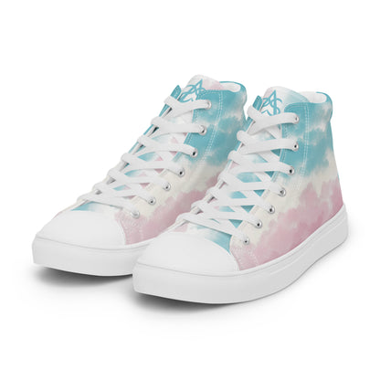Left front view: High top shoes with a cloudy design in blue, white, and pink has a doodle style heart on the heel, white shoe laces, and white details.