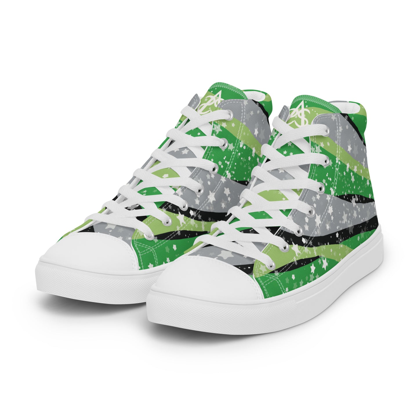 Left front view: a pair of high-top shoes with ribbons of the greens, grey, and black of the aromantic pride flag coming from the heel and expanding towards the laces with an explosion of stars over it, white accents, and the Aras Sivad Studio logo in white on the tongue.