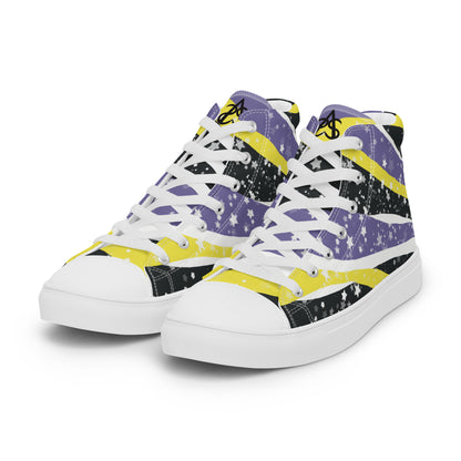 Left front view: a pair of high-top shoes with ribbons of the yellow, purple, and black of the non-binary pride flag coming from the heel and expanding towards the laces with an explosion of stars over it, white accents, and the Aras Sivad Studio logo in black on the tongue.
