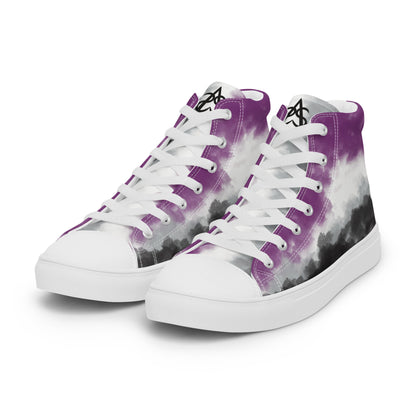 Left front view: a pair of high top shoes with clouds in the asexual flag colors, a hand drawn white heart on the heel, white laces and accents, and the Aras Sivad Studio logo on the tongue.