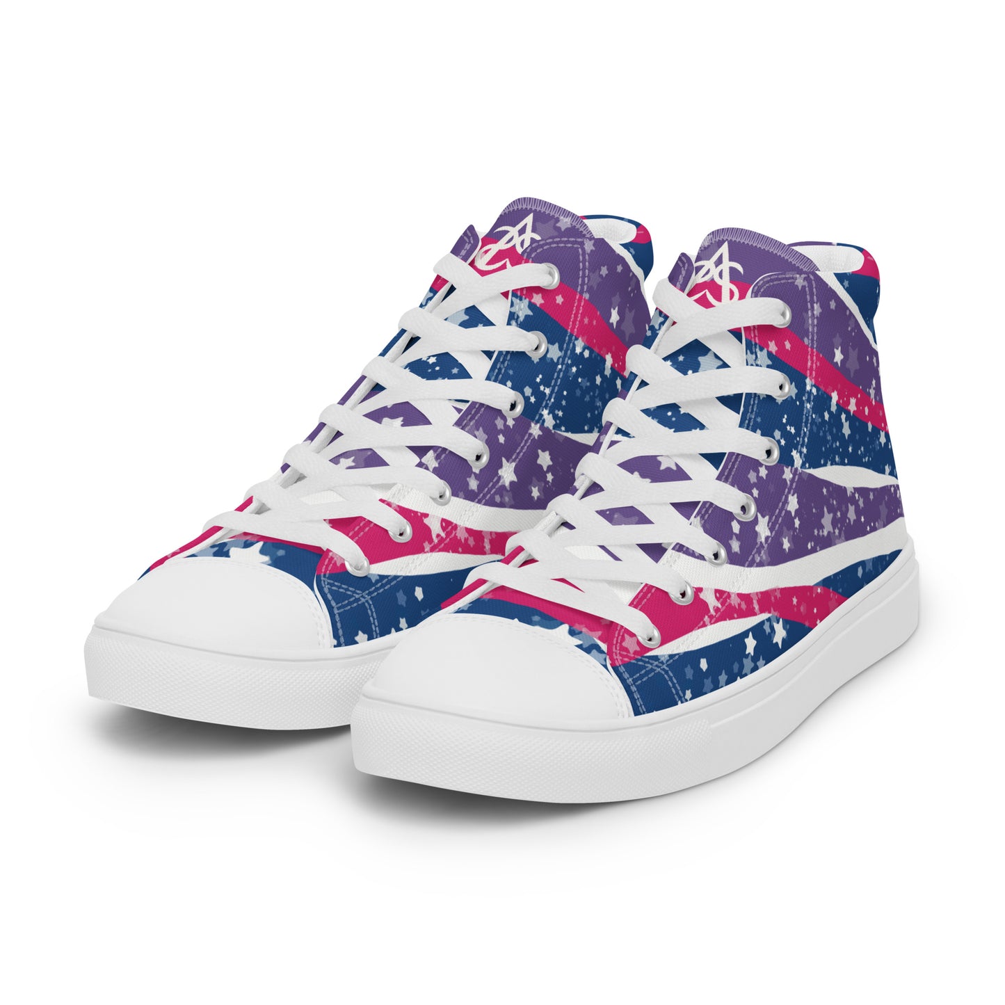 Left front view: a pair of high top shoes with pink, purple, and blue ribbons that get larger from heel to laces, white stars, and the Aras Sivad logo on the tongue.