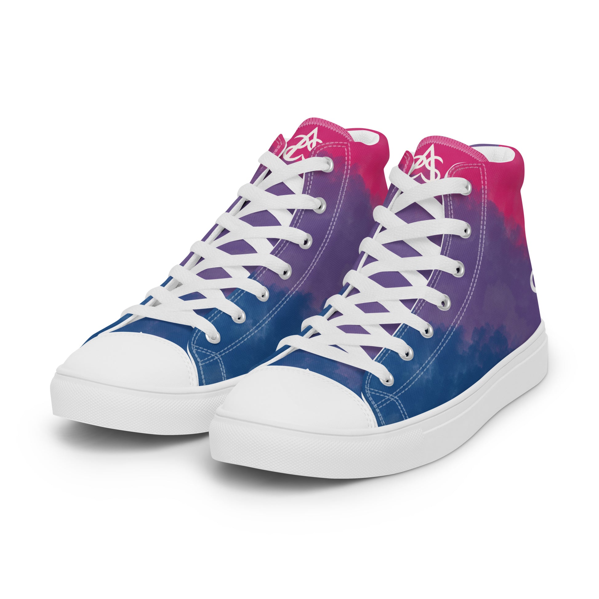 Left front view: a pair of high top shoes with color block pink, purple, and blue clouds, a white hand drawn heart, and the Aras Sivad logo on the back.