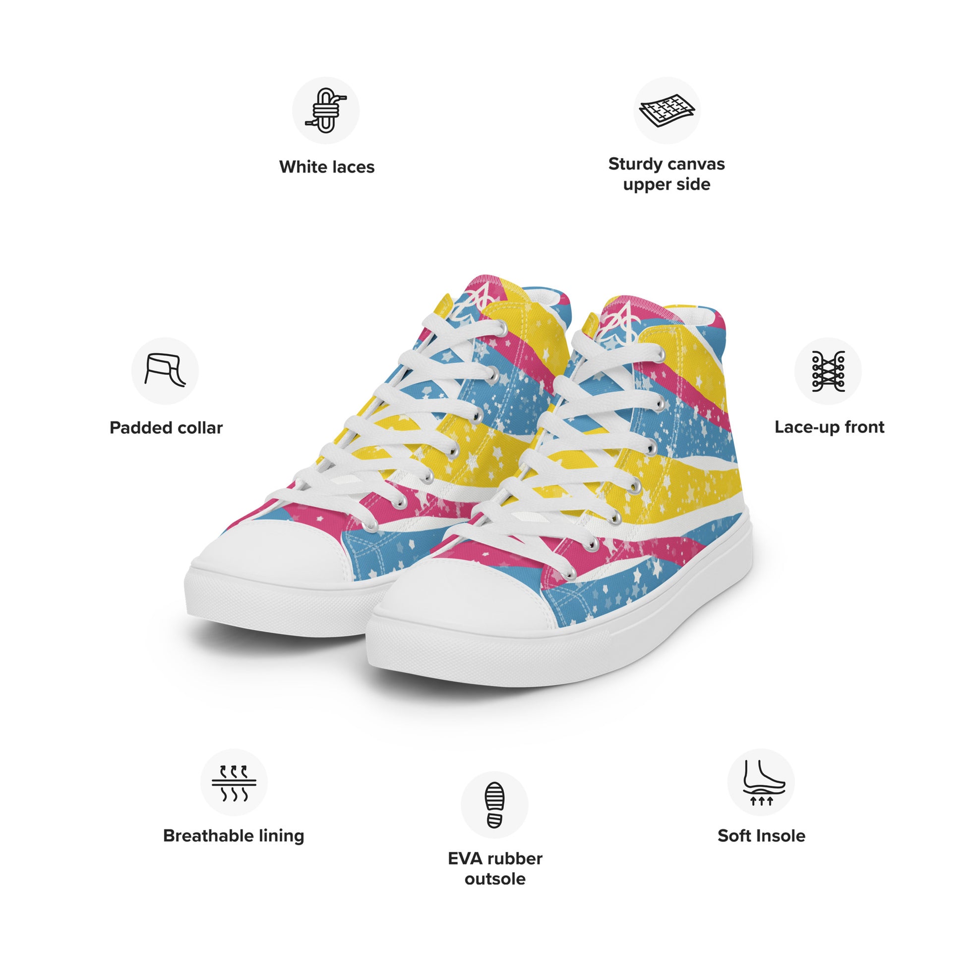 Product features surround the Starry Pansexual high top shoes by Aras Sivad: Padded collar, white laces, sturdy canvas upper side, lace up front, soft insole, EVA rubber outsole, and breathable lining.
