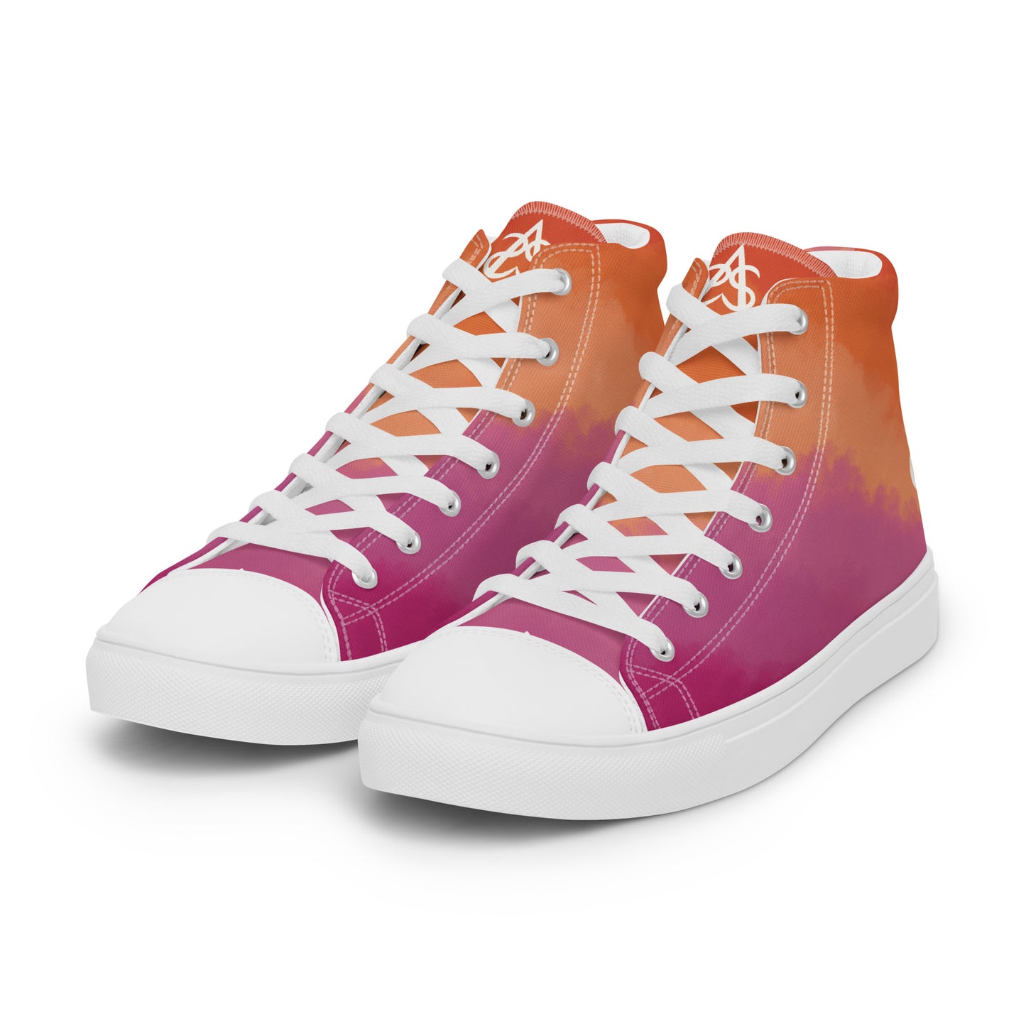Left front view: A pair of high top shoes with cloud layers in the lesbian flag colors, a white heart on the heel, and the Aras Sivad Studio logo on the tongue.
