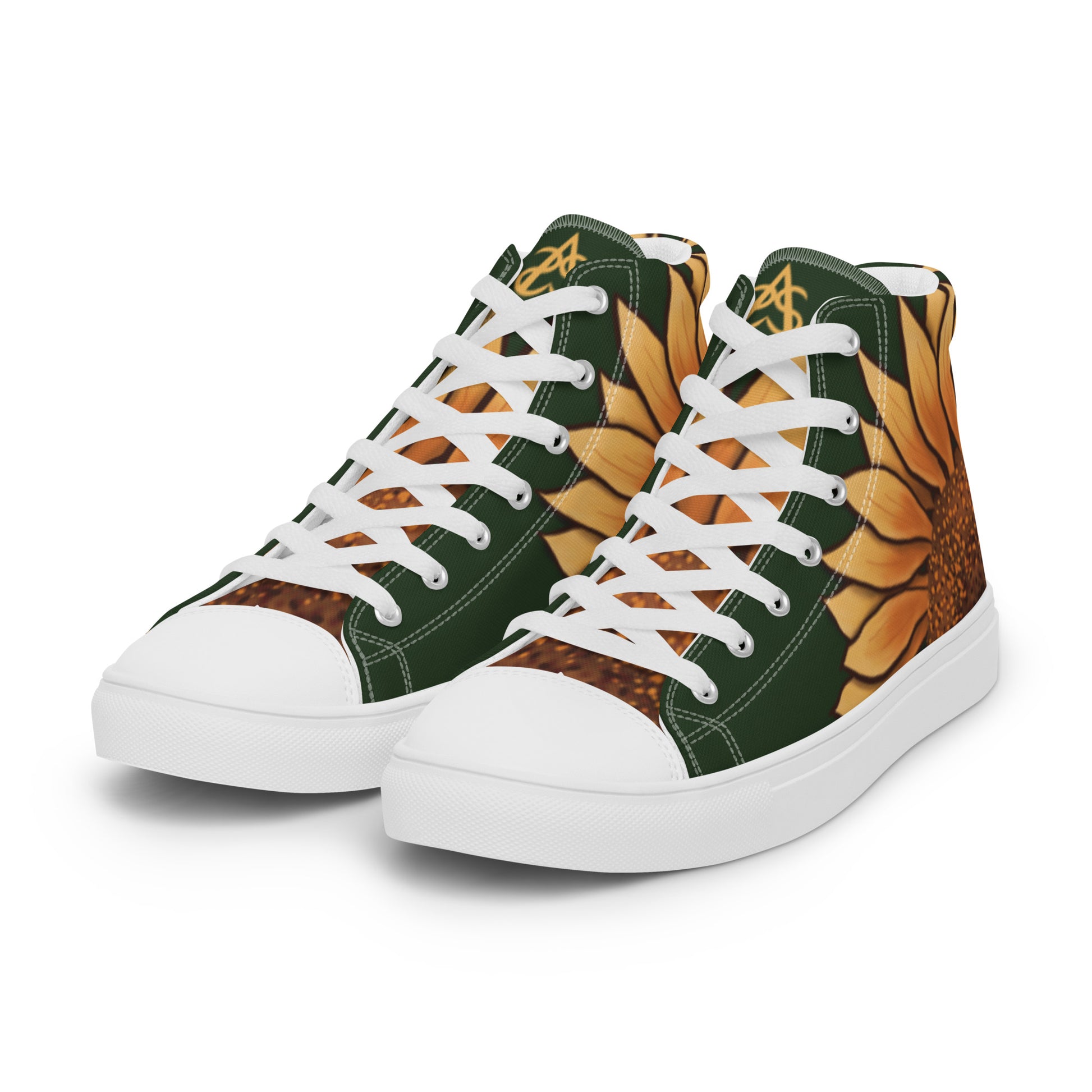 Left front view: a pair of high top shoes with a large sunflower on the heel and a forest green background.