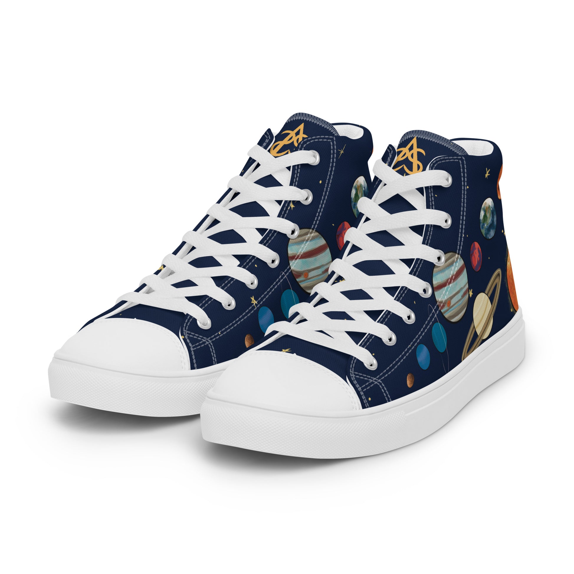 Left front view: A pair of high top shoes with painted solar system and starry background with white laces.
