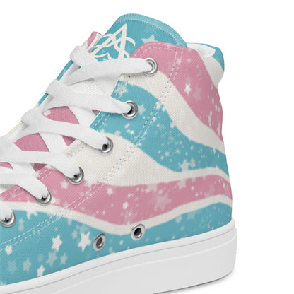 A close up of the starry transgender pride flag high top shoes to show details.