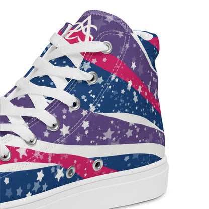 A close up of the Starry Bisexual shoe to show the starry detail over the ribbons of pink, purple, and blue getting larger towards the laces.