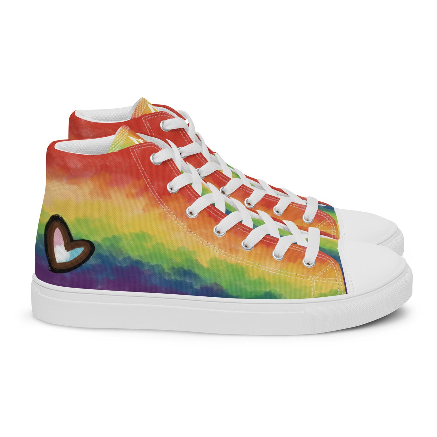 Right view: A pair of high top shoes with rainbow striped clouds on the sides and a double heart in black and brown with the trans flag colors inside.