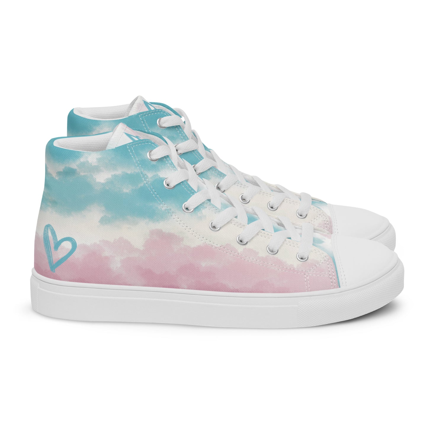 Right view: High top shoes with a cloudy design in blue, white, and pink has a doodle style heart on the heel, white shoe laces, and white details.