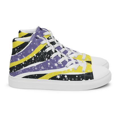 Right view: a pair of high-top shoes with ribbons of the yellow, purple, and black of the non-binary pride flag coming from the heel and expanding towards the laces with an explosion of stars over it, white accents, and the Aras Sivad Studio logo in black on the tongue.