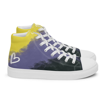 Right view: a pair of high-top canvas shoes with cloudy color blocks of the yellow, purple, and black non-binary flag colors with white laces and accents, a white heart on the heel, and white Aras Sivad Studio logo on the tongue.