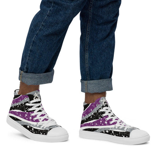 A model wears rolled up jeans and a pair of high-top shoes with ribbons of purple, grey, black, and white seem to expand from the heel to the laces with an explosion of stars.