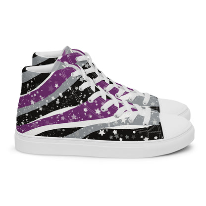 Right view: a pair of high-top shoes with ribbons of purple, grey, black, and white seem to expand from the heel to the laces with an explosion of stars.