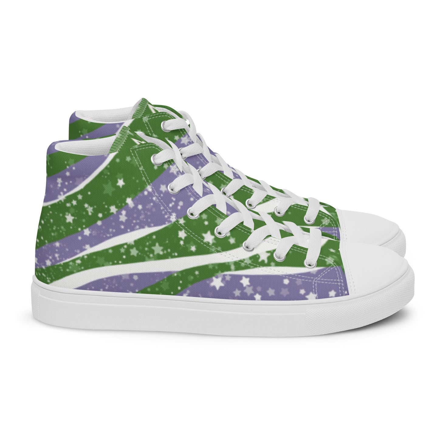 Right view: a pair of high top shoes with green, purple, and white ribbons that get larger from heel to laces, white stars, and the Aras Sivad logo on the tongue.