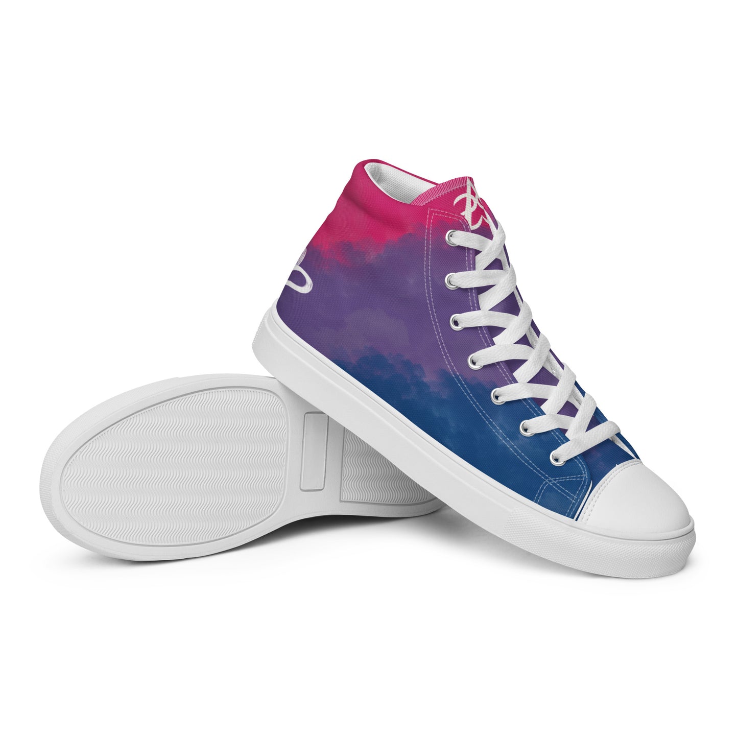 A pair of high top shoes with color block pink, purple, and blue clouds, a white hand drawn heart, and the Aras Sivad logo on the back.