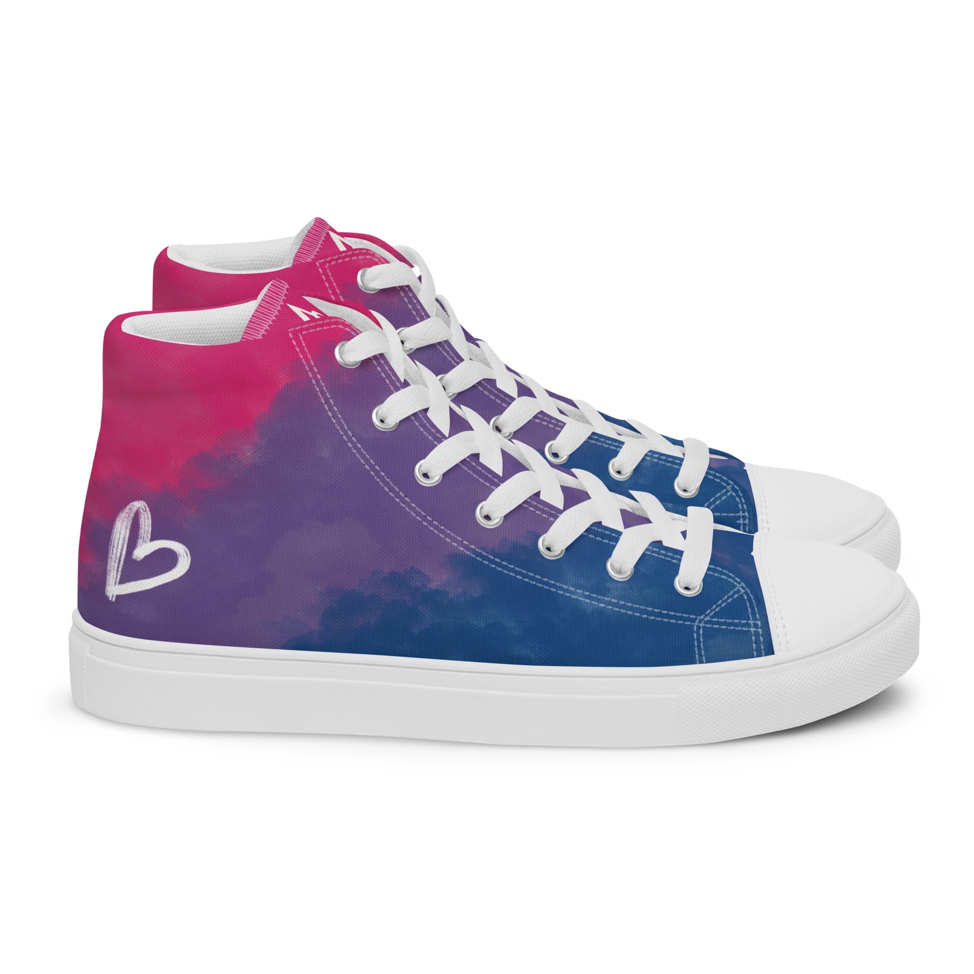 Right view: a pair of high top shoes with color block pink, purple, and blue clouds, a white hand drawn heart, and the Aras Sivad logo on the back.