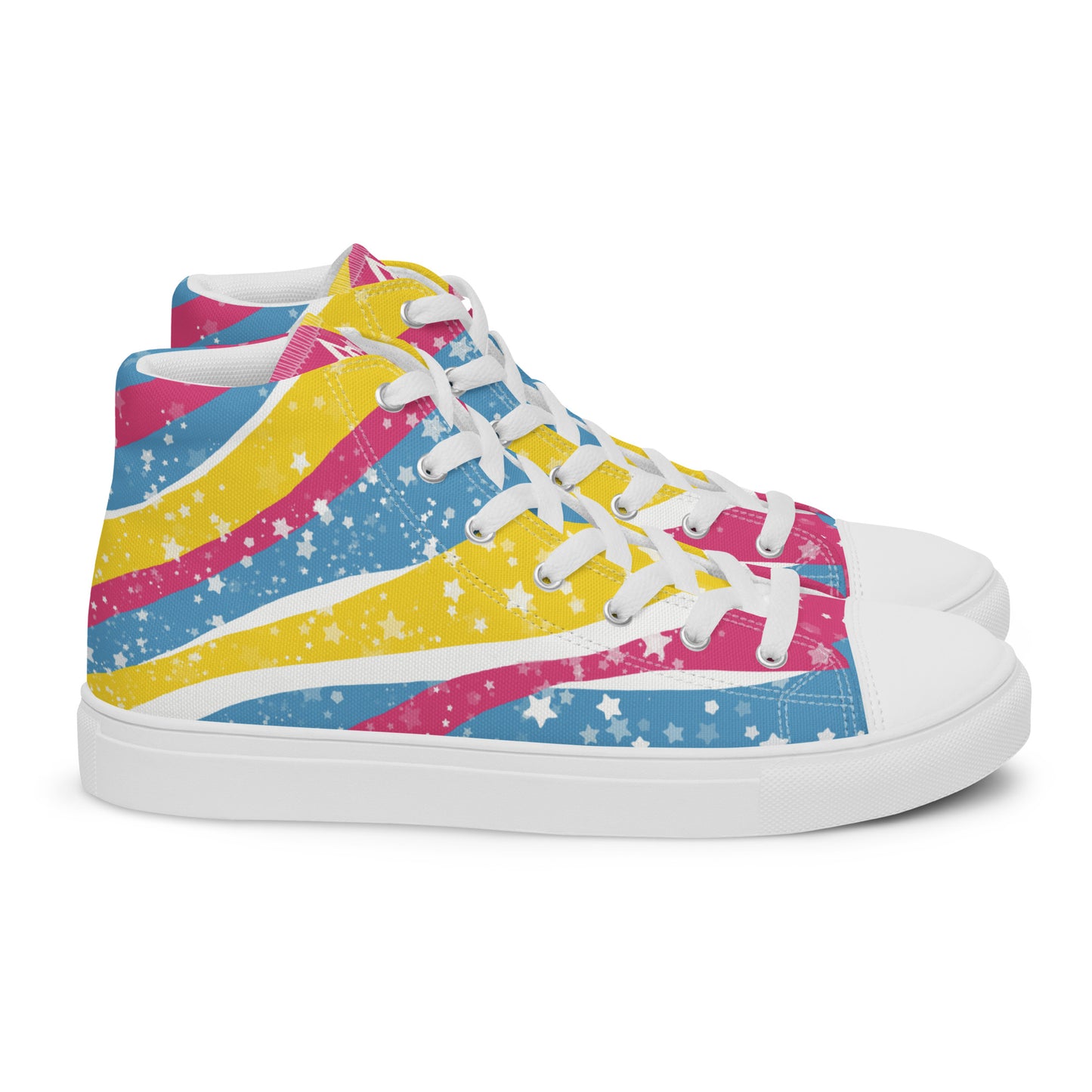 Right view: a pair of high top shoes with pink, yellow, and blue ribbons that get larger from heel to laces, white stars, and the Aras Sivad logo on the tongue.