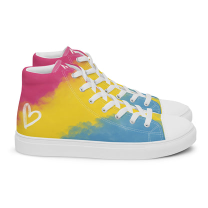 Right view: a pair of high top shoes with color block pink, yellow, and blue clouds, a white hand drawn heart, and the Aras Sivad logo on the back.