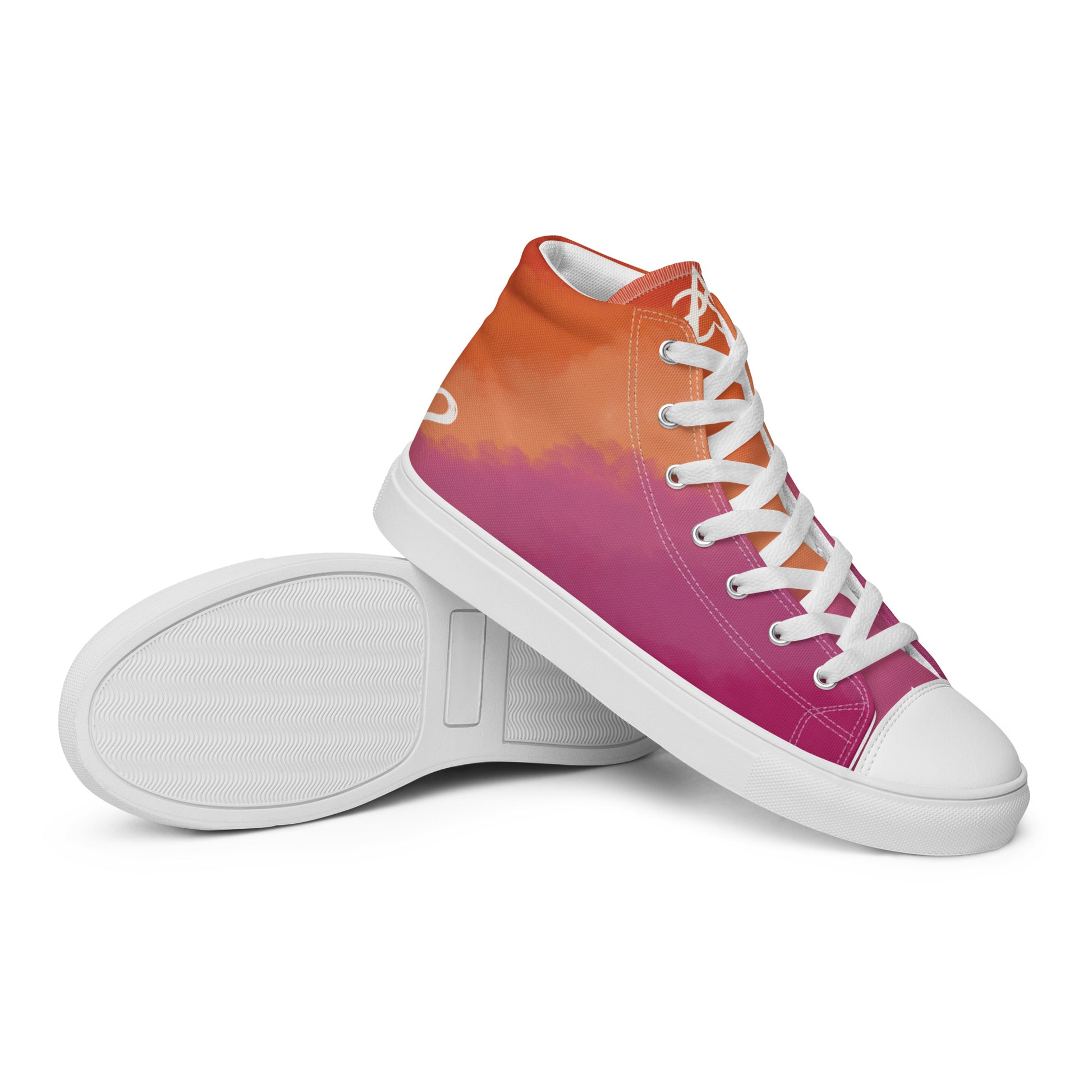 A pair of high top shoes with cloud layers in the lesbian flag colors, a white heart on the heel, and the Aras Sivad Studio logo on the tongue.