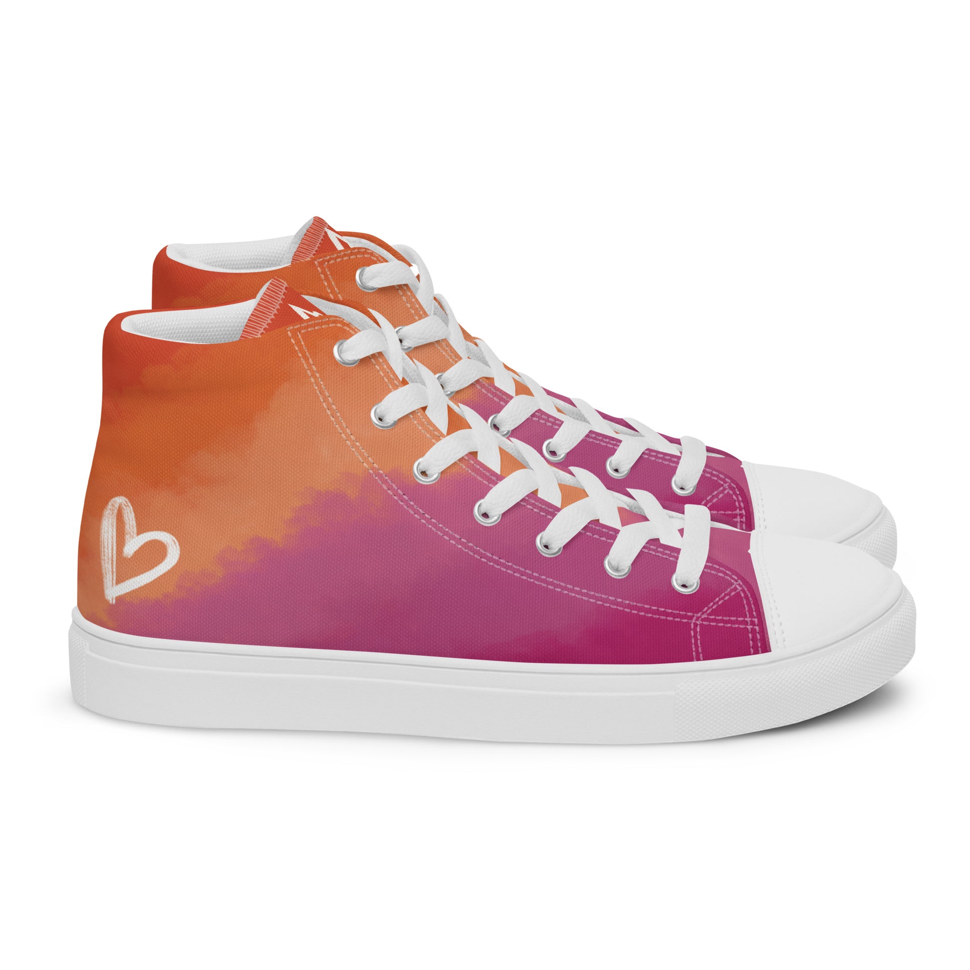 Right view: A pair of high top shoes with cloud layers in the lesbian flag colors, a white heart on the heel, and the Aras Sivad Studio logo on the tongue.