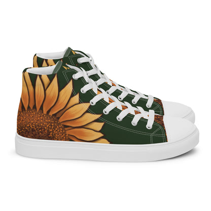 Right view: a pair of high top shoes with a large sunflower on the heel and a forest green background.