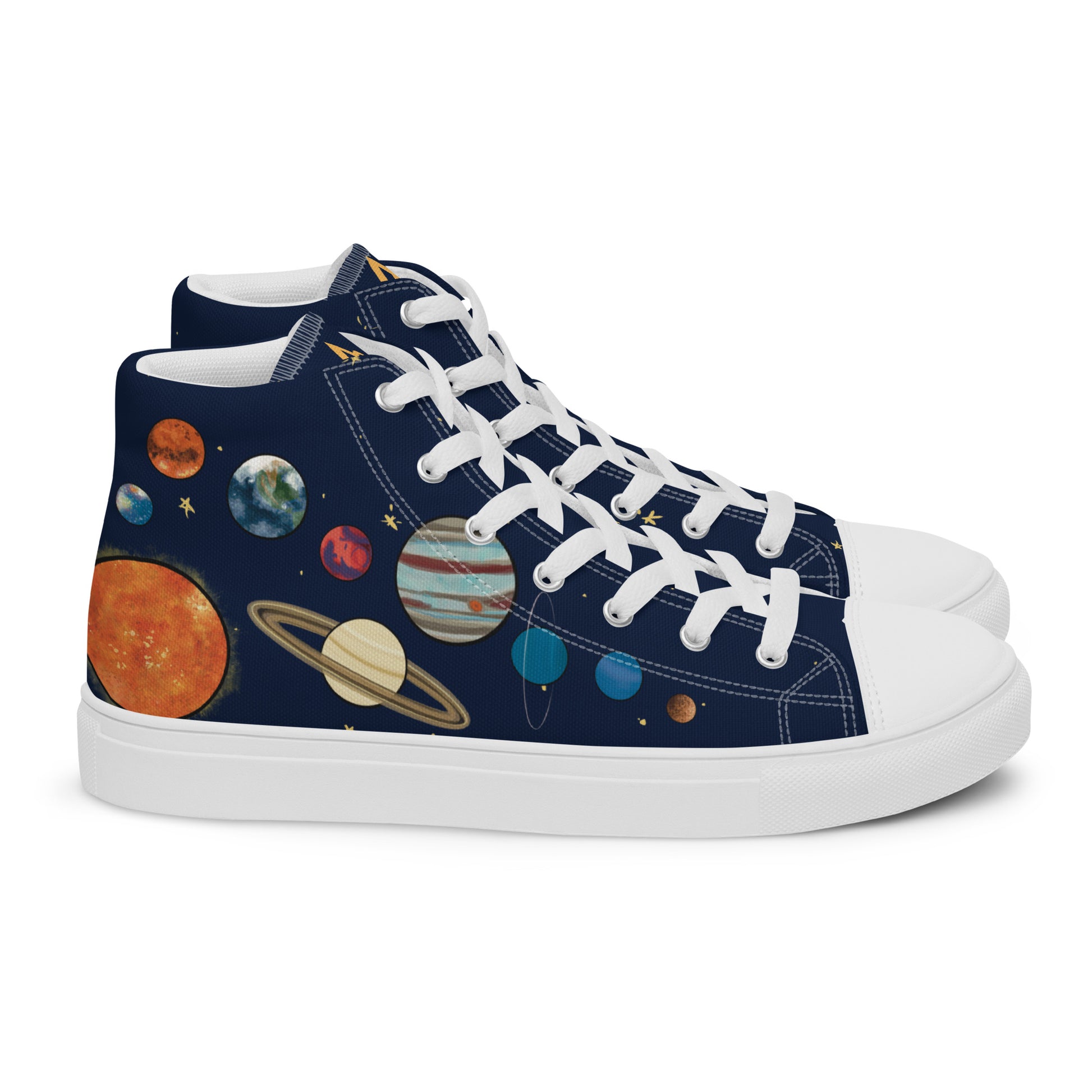 Right view: A pair of high top shoes with painted solar system and starry background with white laces.