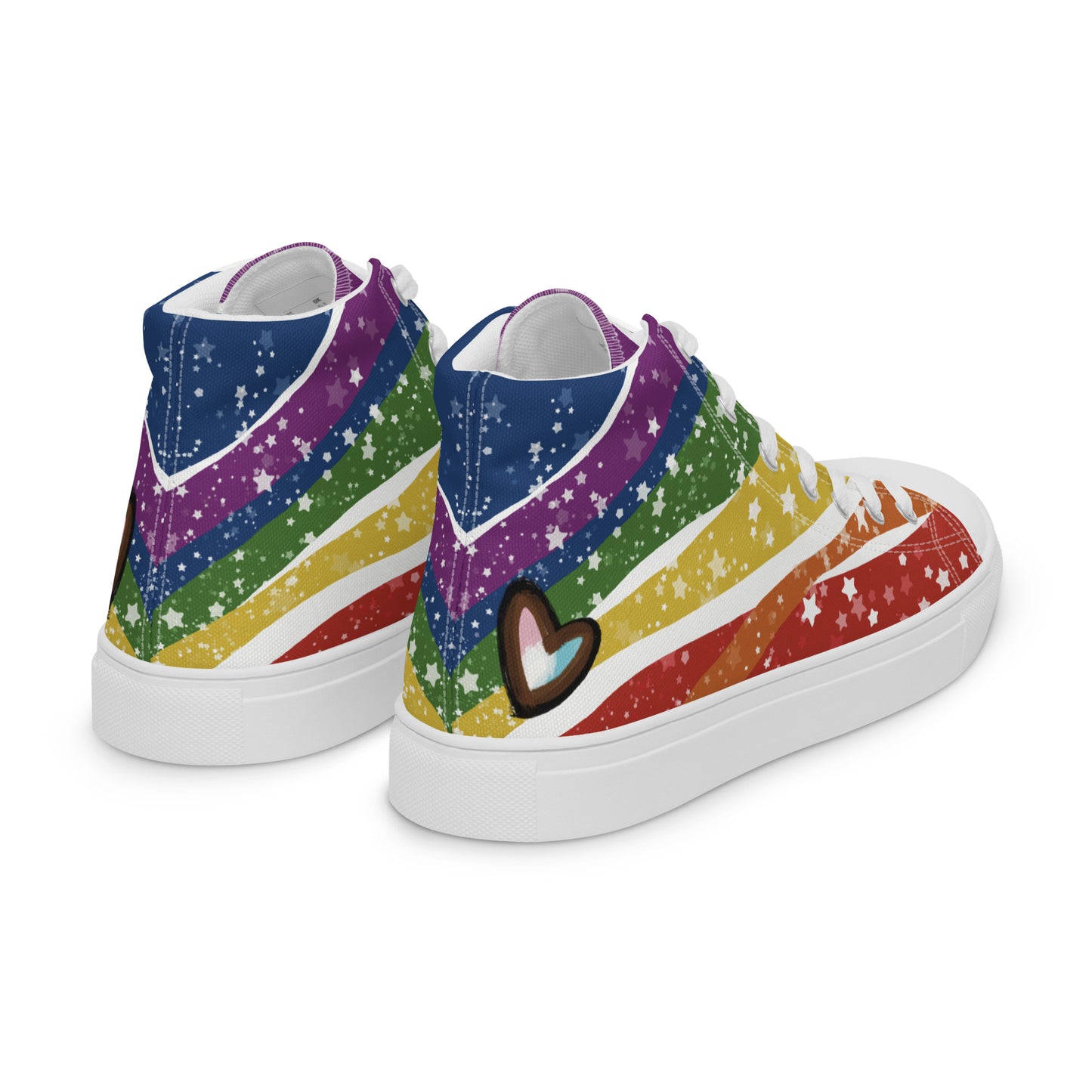 Right back view: A pair of high top shoes have wavy rainbow stripes coming from the heel and getting wider towards the laces, covered in stars, with a double heart in black and brown containing the Trans Pride flag near the heel.