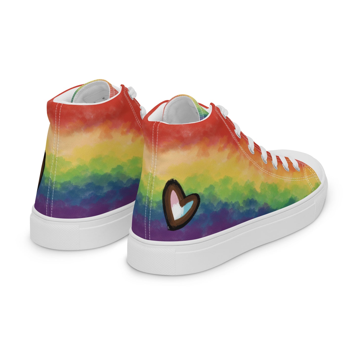 Right back view: A pair of high top shoes with rainbow striped clouds on the sides and a double heart in black and brown with the trans flag colors inside.