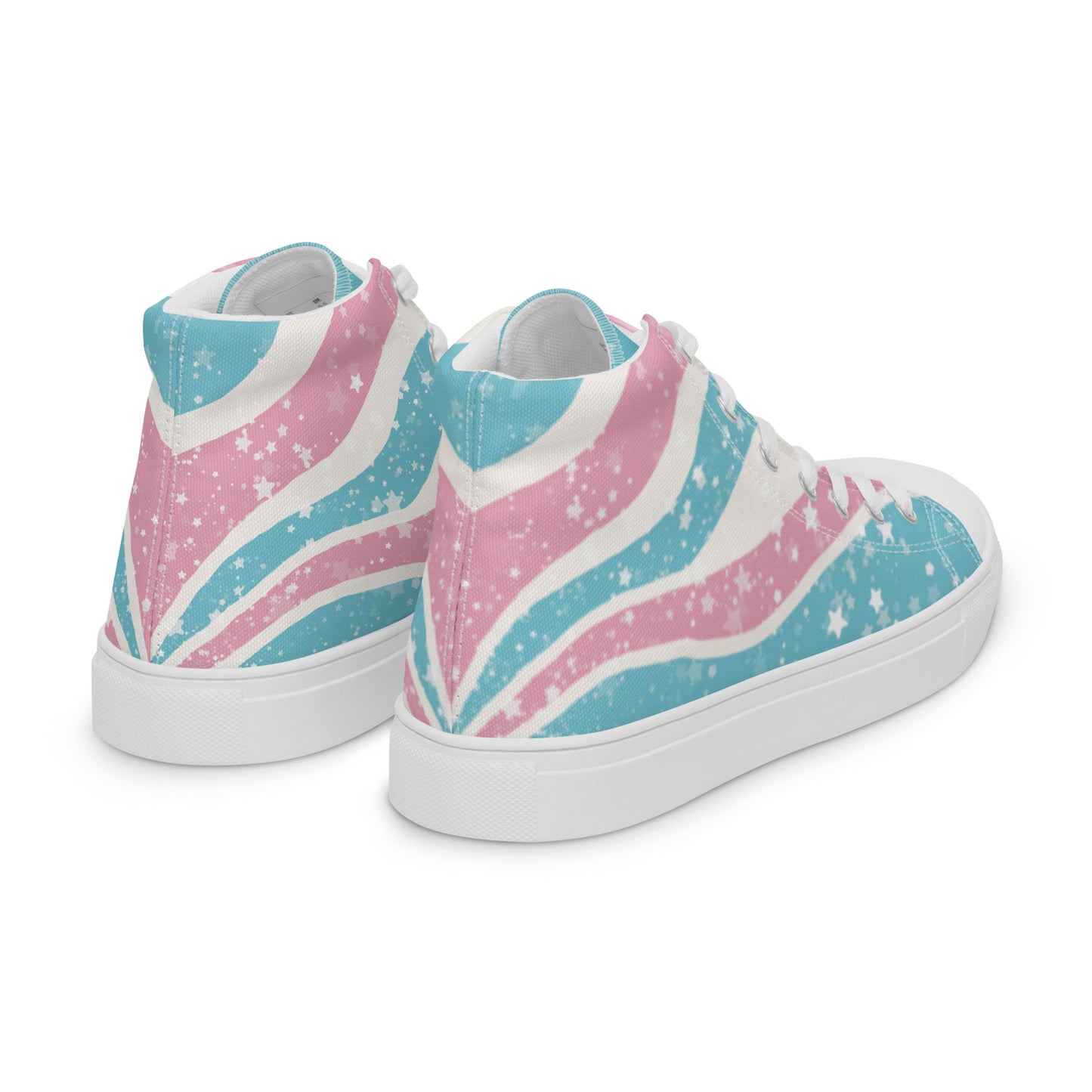 Right back view: A pair of high top shoes have way lines starting from the heel and getting larger towards the laces in pink, white, and blue with white stars all over, white laces, and white details.