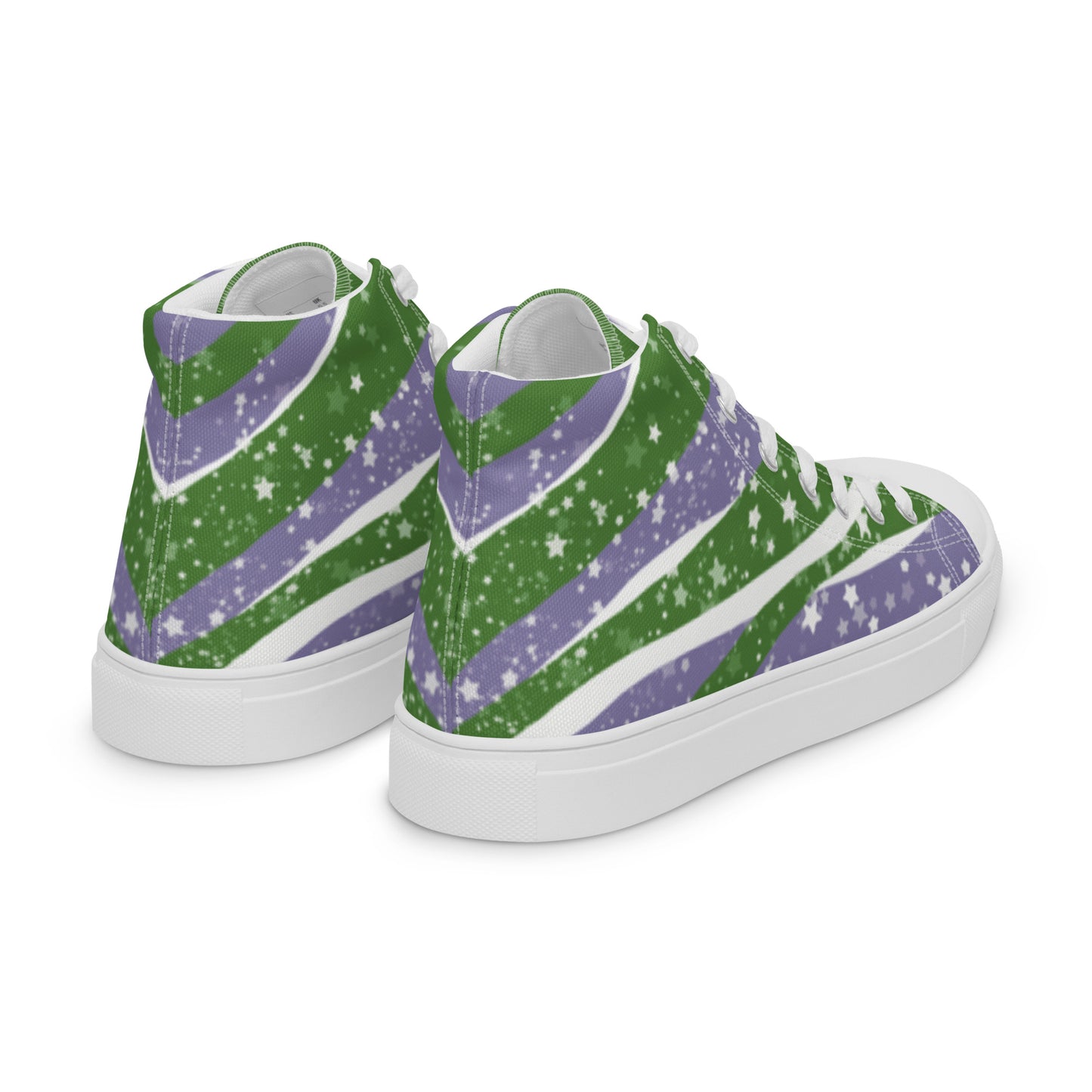 Right back view: a pair of high top shoes with green, purple, and white ribbons that get larger from heel to laces, white stars, and the Aras Sivad logo on the tongue.