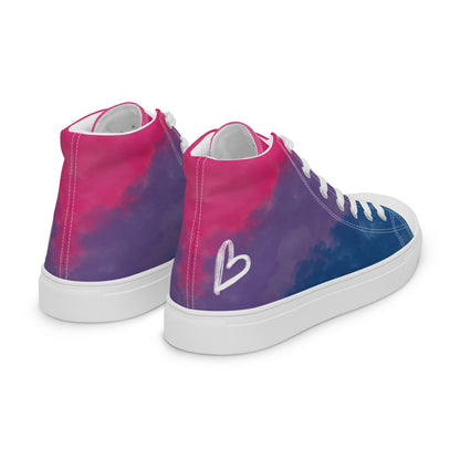 Right back view: a pair of high top shoes with color block pink, purple, and blue clouds, a white hand drawn heart, and the Aras Sivad logo on the back.