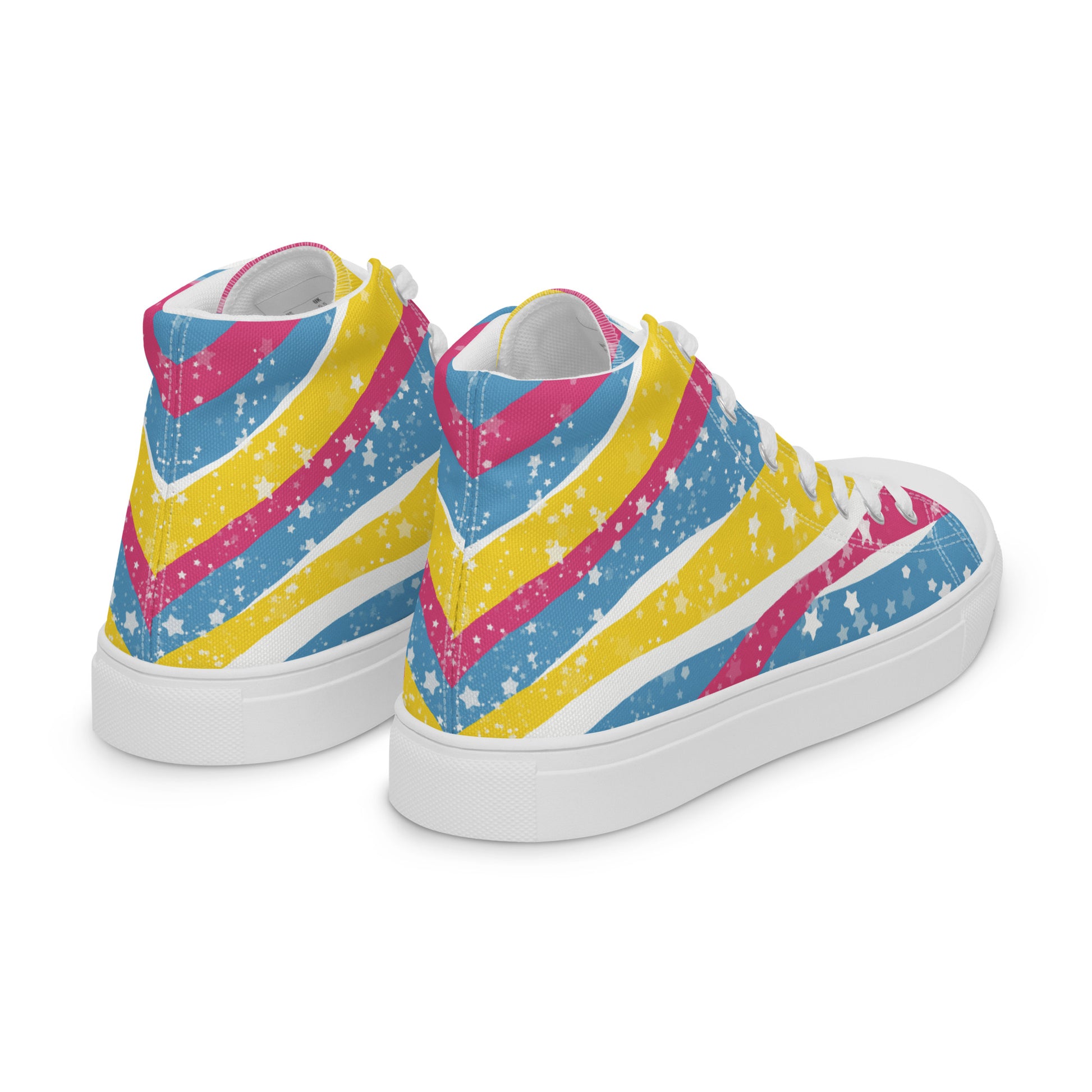 Right back view: a pair of high top shoes with pink, yellow, and blue ribbons that get larger from heel to laces, white stars, and the Aras Sivad logo on the tongue.
