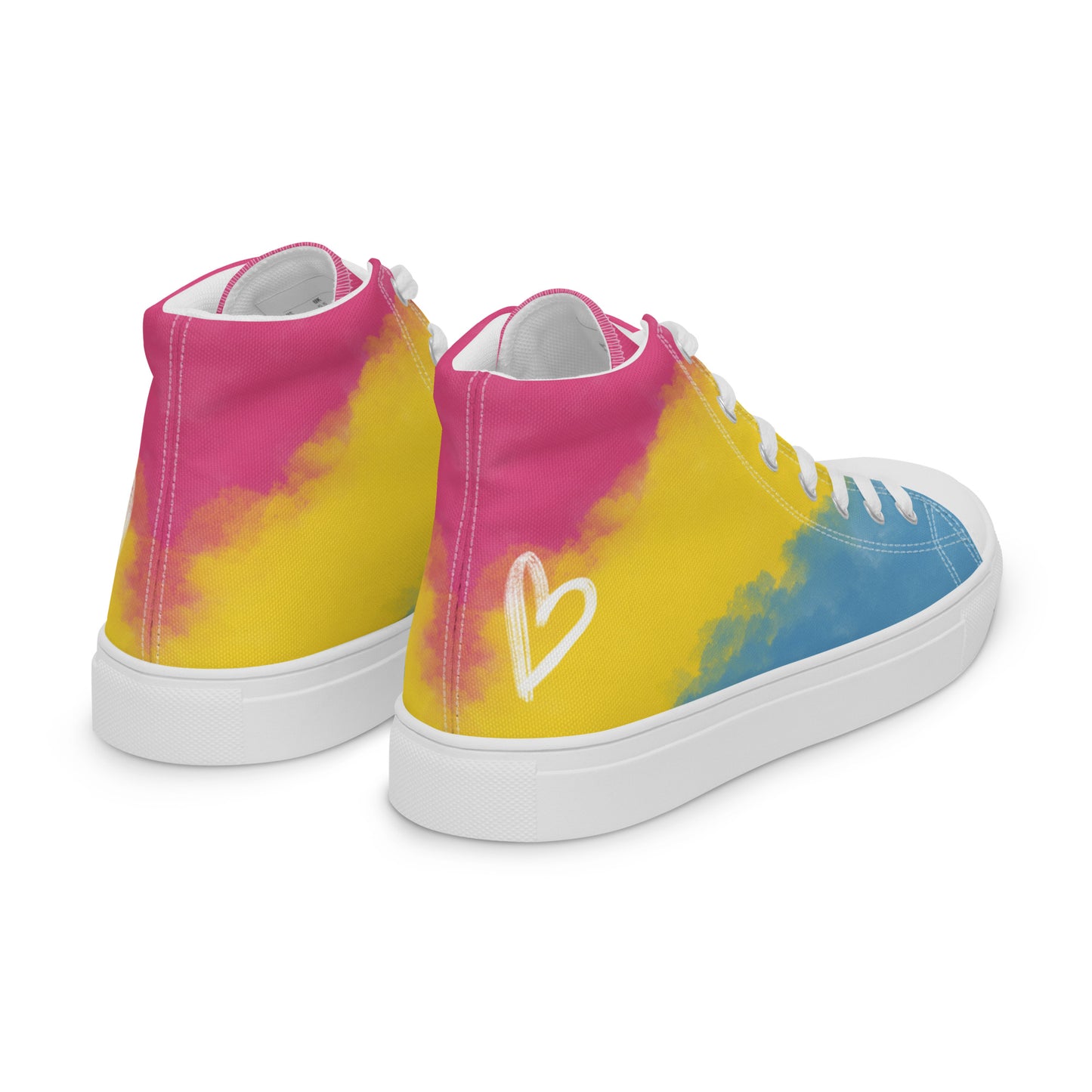 Right back view: a pair of high top shoes with color block pink, yellow, and blue clouds, a white hand drawn heart, and the Aras Sivad logo on the back.