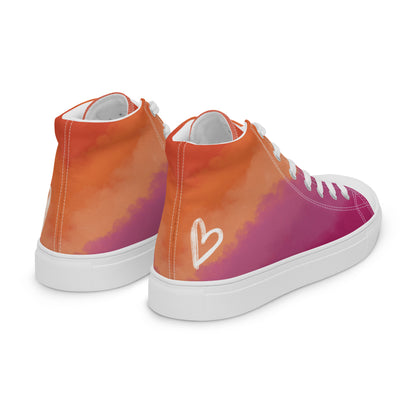 Right back view: A pair of high top shoes with cloud layers in the lesbian flag colors, a white heart on the heel, and the Aras Sivad Studio logo on the tongue.