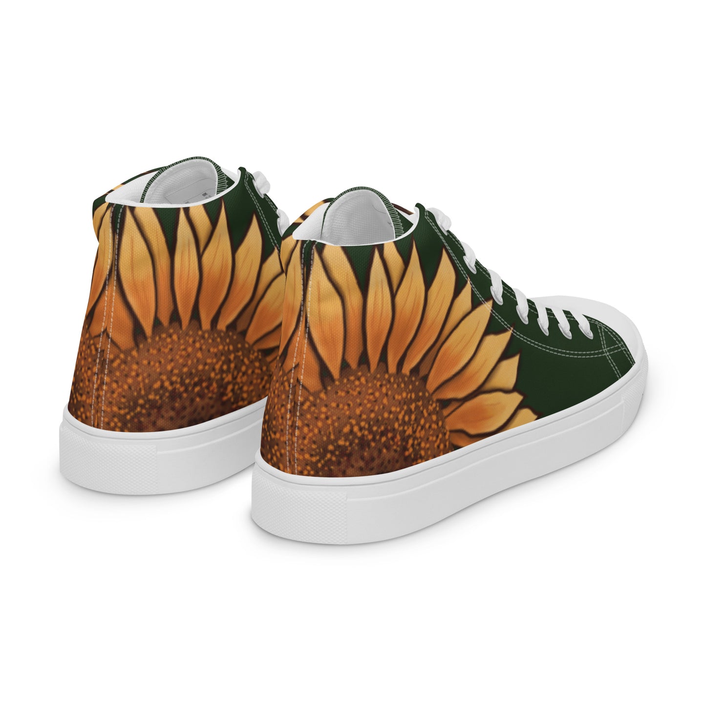 Right back view: a pair of high top shoes with a large sunflower on the heel and a forest green background.