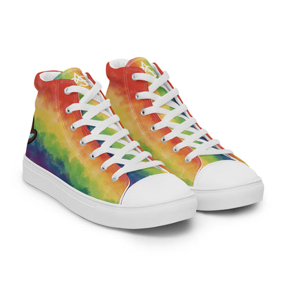 Right front view: A pair of high top shoes with rainbow striped clouds on the sides and a double heart in black and brown with the trans flag colors inside.