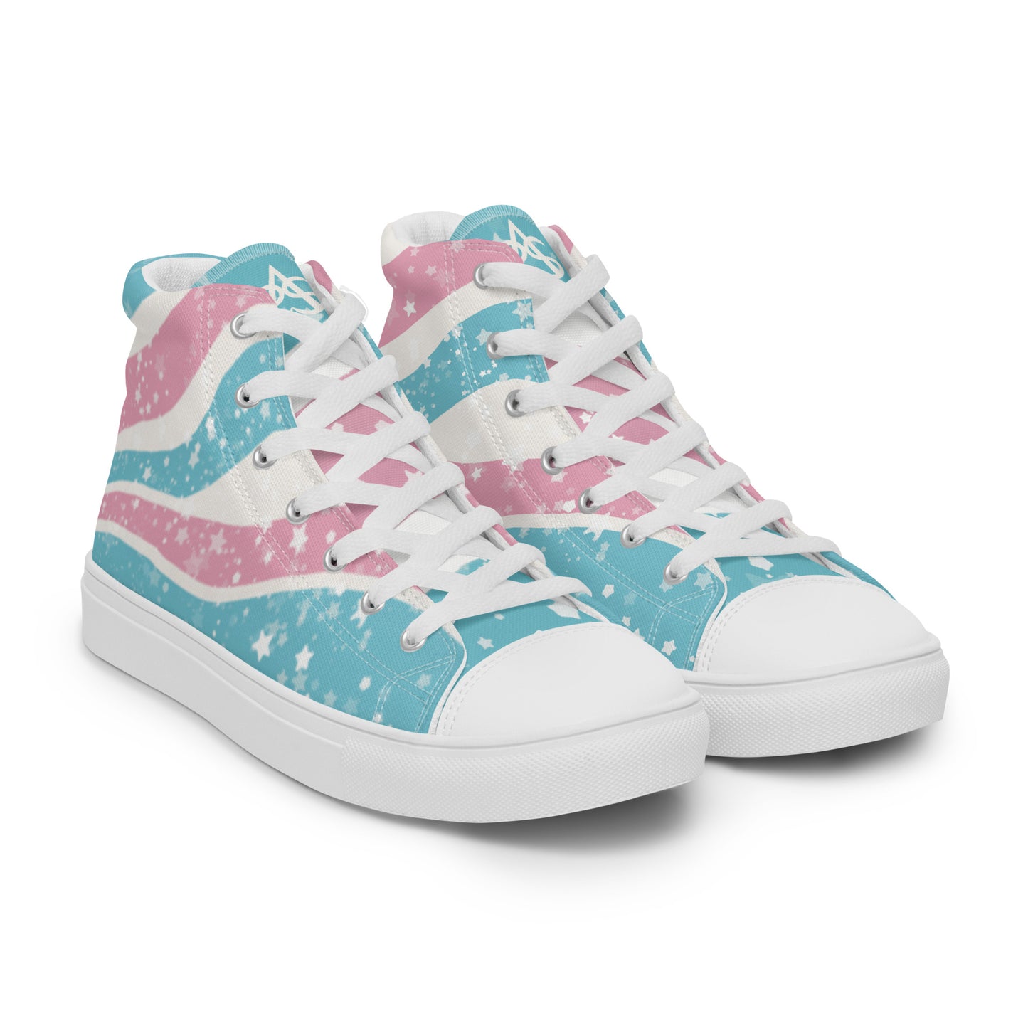 Right front view: A pair of high top shoes have way lines starting from the heel and getting larger towards the laces in pink, white, and blue with white stars all over, white laces, and white details.