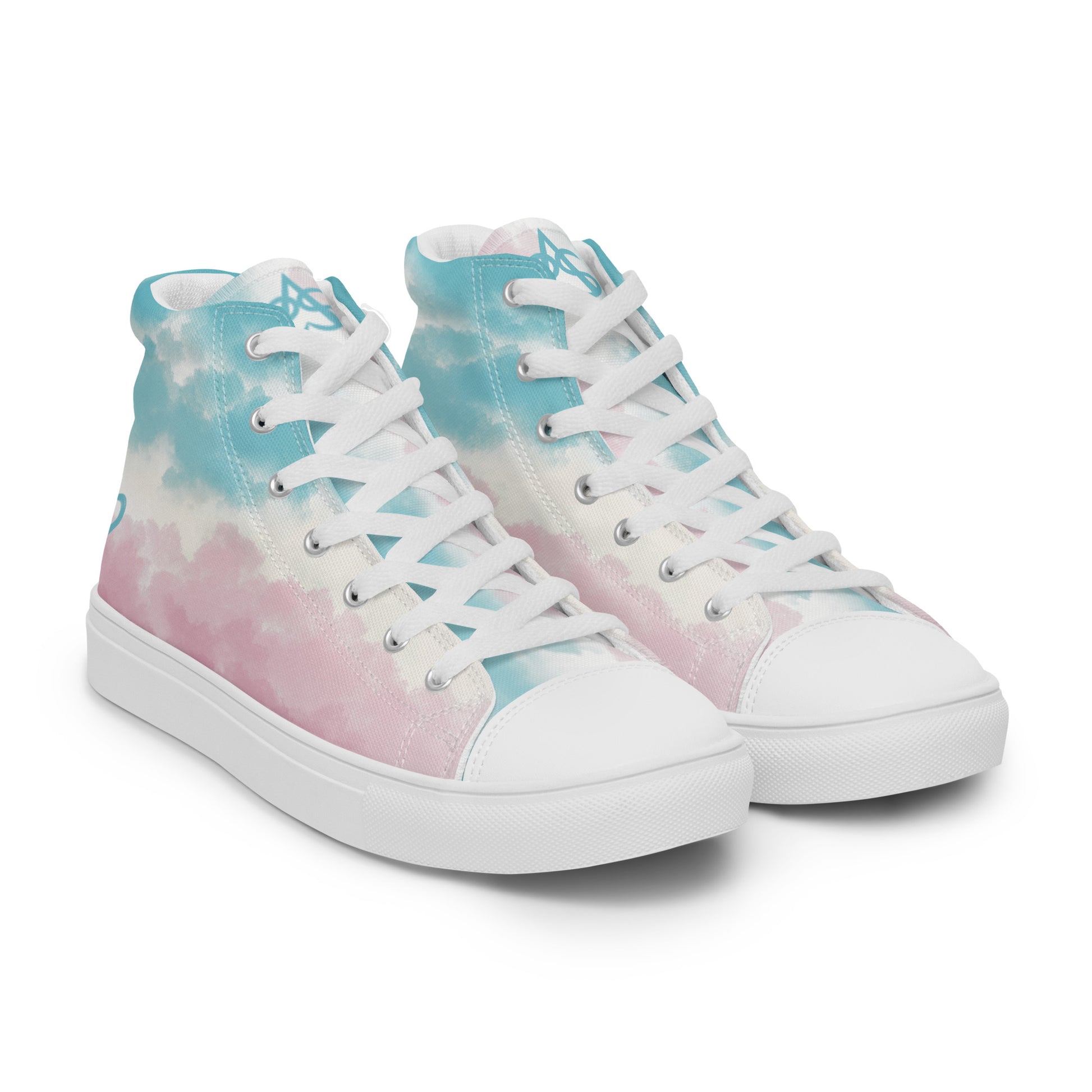 Right front view: High top shoes with a cloudy design in blue, white, and pink has a doodle style heart on the heel, white shoe laces, and white details.