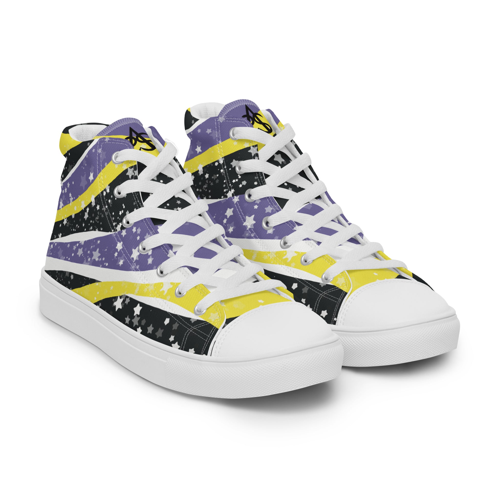 Right front view: a pair of high-top shoes with ribbons of the yellow, purple, and black of the non-binary pride flag coming from the heel and expanding towards the laces with an explosion of stars over it, white accents, and the Aras Sivad Studio logo in black on the tongue.