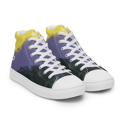 Right front view: a pair of high-top canvas shoes with cloudy color blocks of the yellow, purple, and black non-binary flag colors with white laces and accents, a white heart on the heel, and white Aras Sivad Studio logo on the tongue.