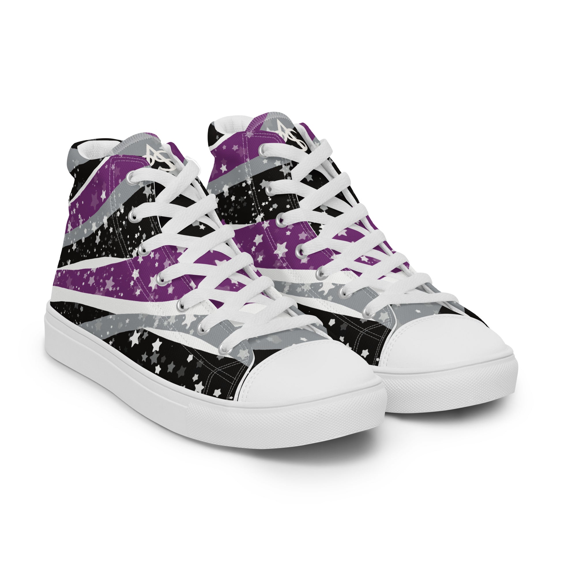 Right front view: a pair of high-top shoes with ribbons of purple, grey, black, and white seem to expand from the heel to the laces with an explosion of stars.