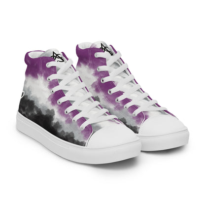 Right front view: a pair of high top shoes with clouds in the asexual flag colors, a hand drawn white heart on the heel, white laces and accents, and the Aras Sivad Studio logo on the tongue.