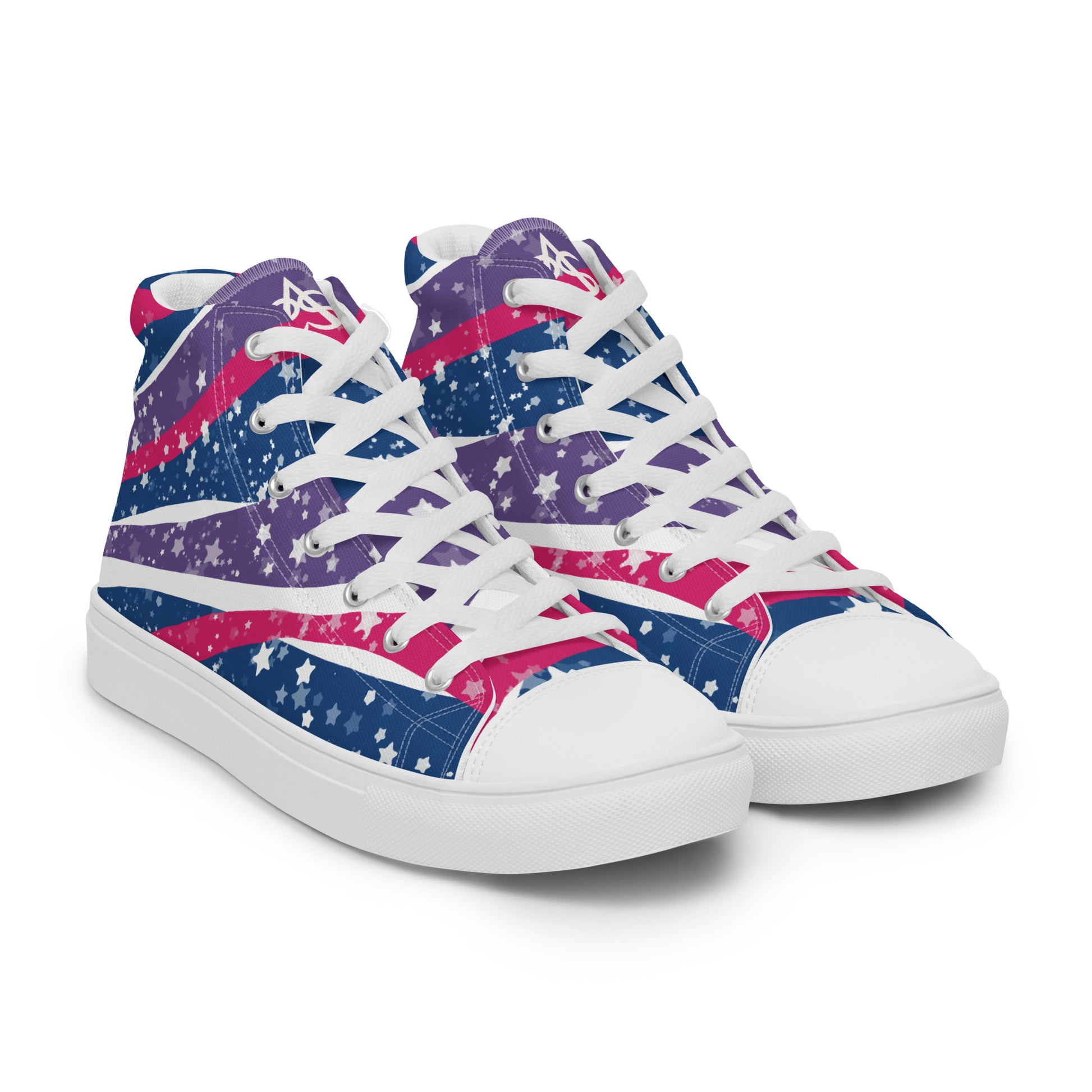Right front view: a pair of high top shoes with pink, purple, and blue ribbons that get larger from heel to laces, white stars, and the Aras Sivad logo on the tongue.