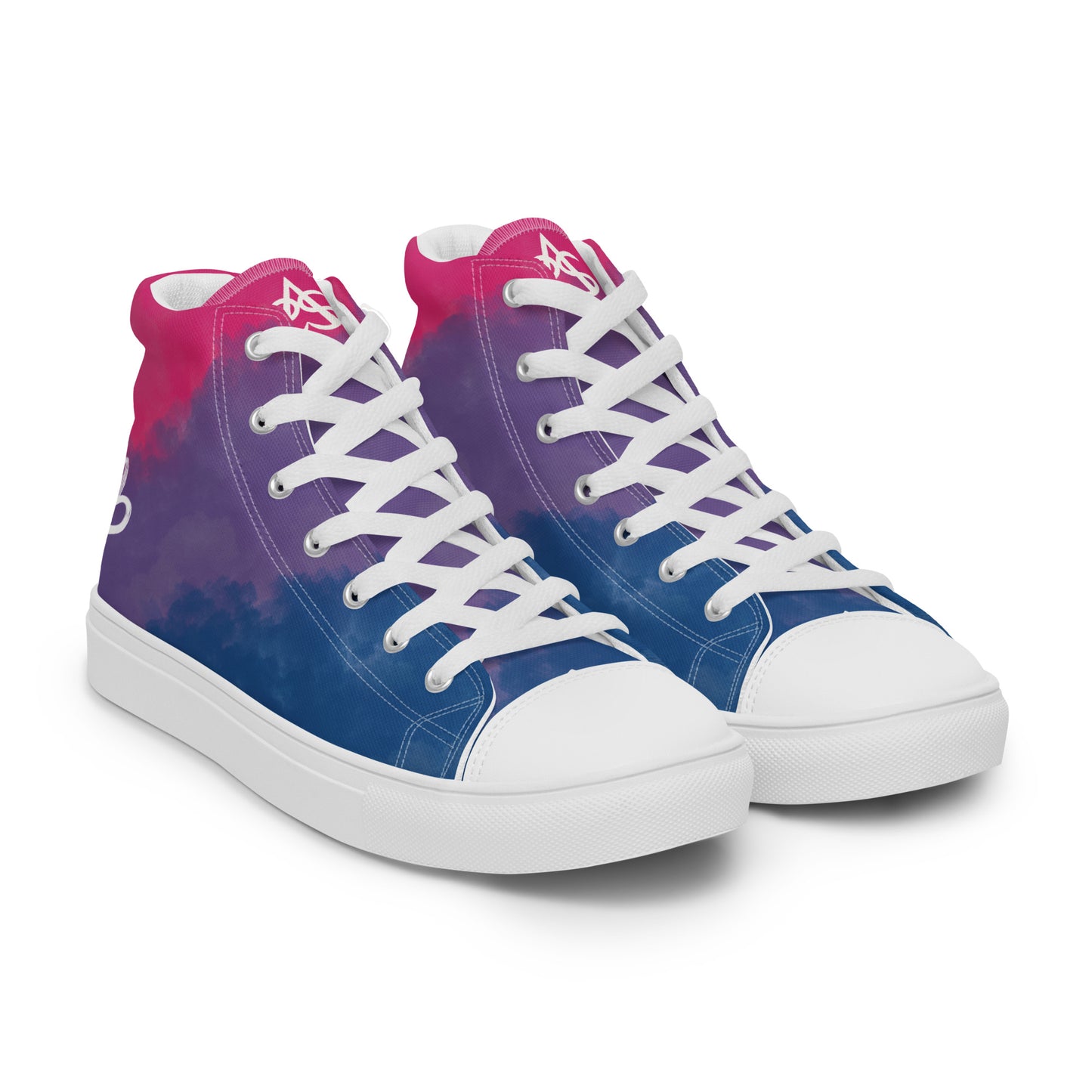 Right front view: a pair of high top shoes with color block pink, purple, and blue clouds, a white hand drawn heart, and the Aras Sivad logo on the back.