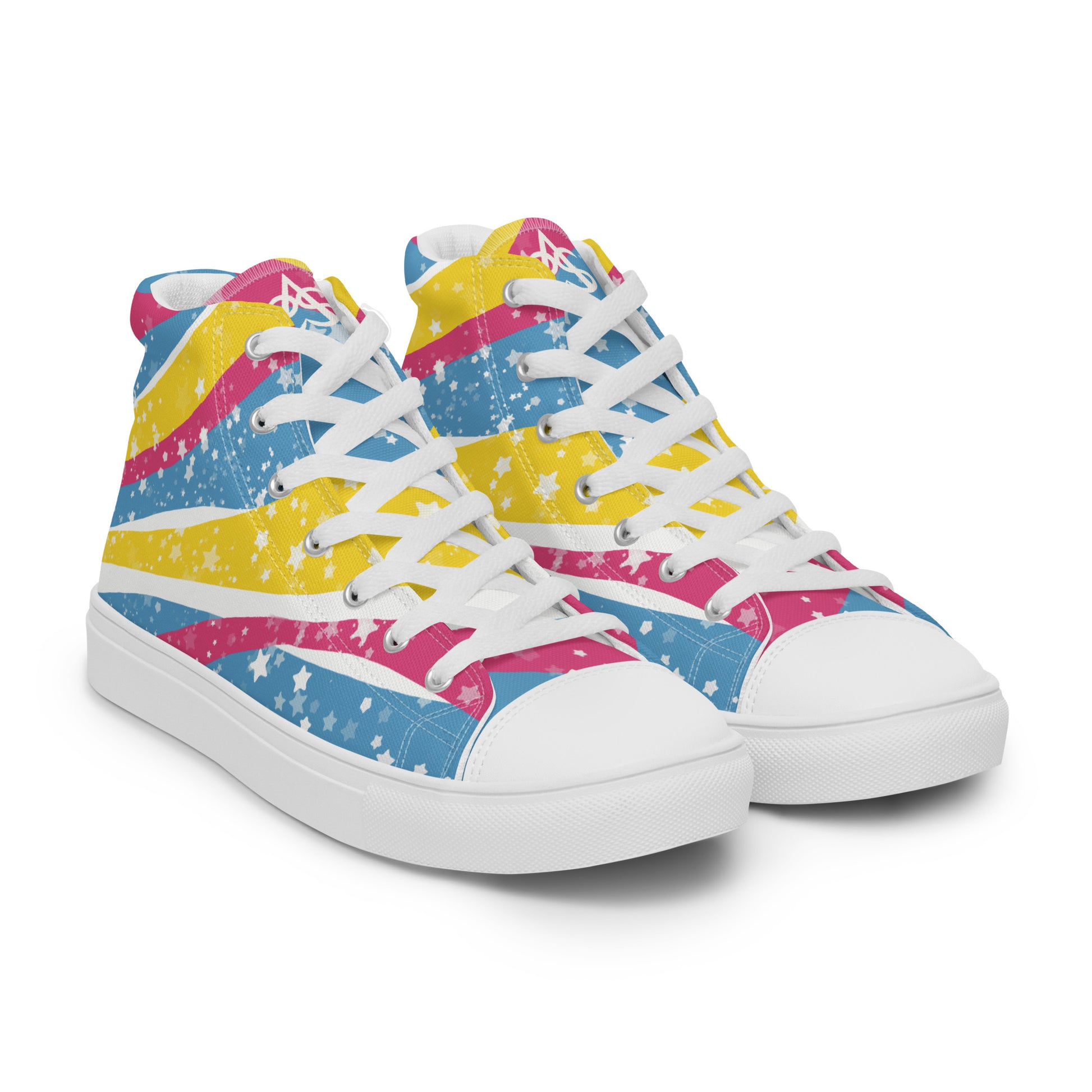 Right front view: a pair of high top shoes with pink, yellow, and blue ribbons that get larger from heel to laces, white stars, and the Aras Sivad logo on the tongue.