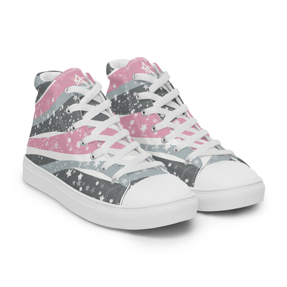 Right front view: A pair of high top shoes with ribbons of the demigirl flag colors and stars coming from the heel and getting larger across the shoe to the laces.