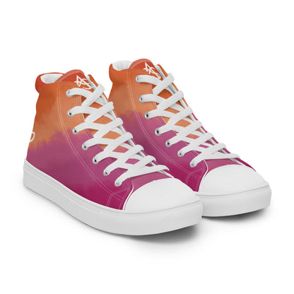Right front view: A pair of high top shoes with cloud layers in the lesbian flag colors, a white heart on the heel, and the Aras Sivad Studio logo on the tongue.