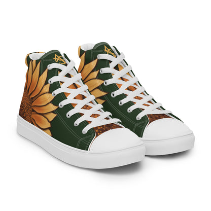 Right front view: a pair of high top shoes with a large sunflower on the heel and a forest green background.
